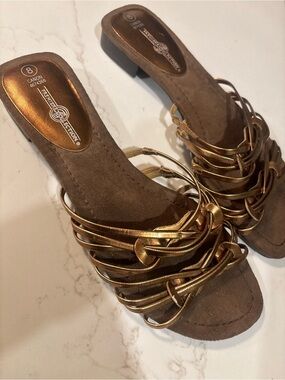 Gold Strappy Slide Heels